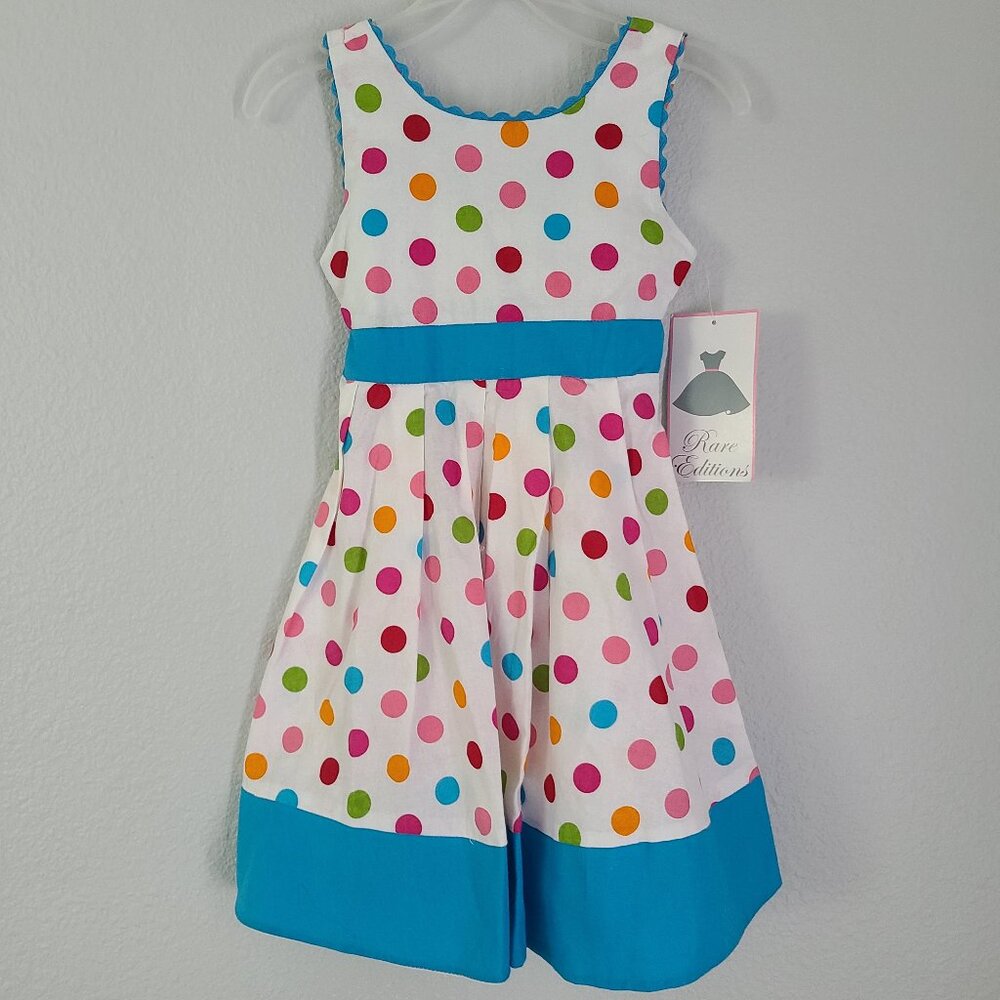 🆕️ Rare Editions NWT Girls white and blue Polka Dot Sleeveless Dress – Size 4
